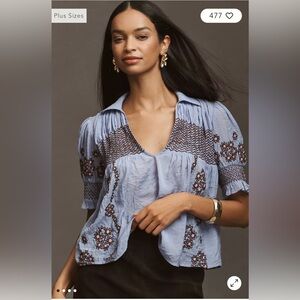 NWT Anthropologie Blue Embroidered Top